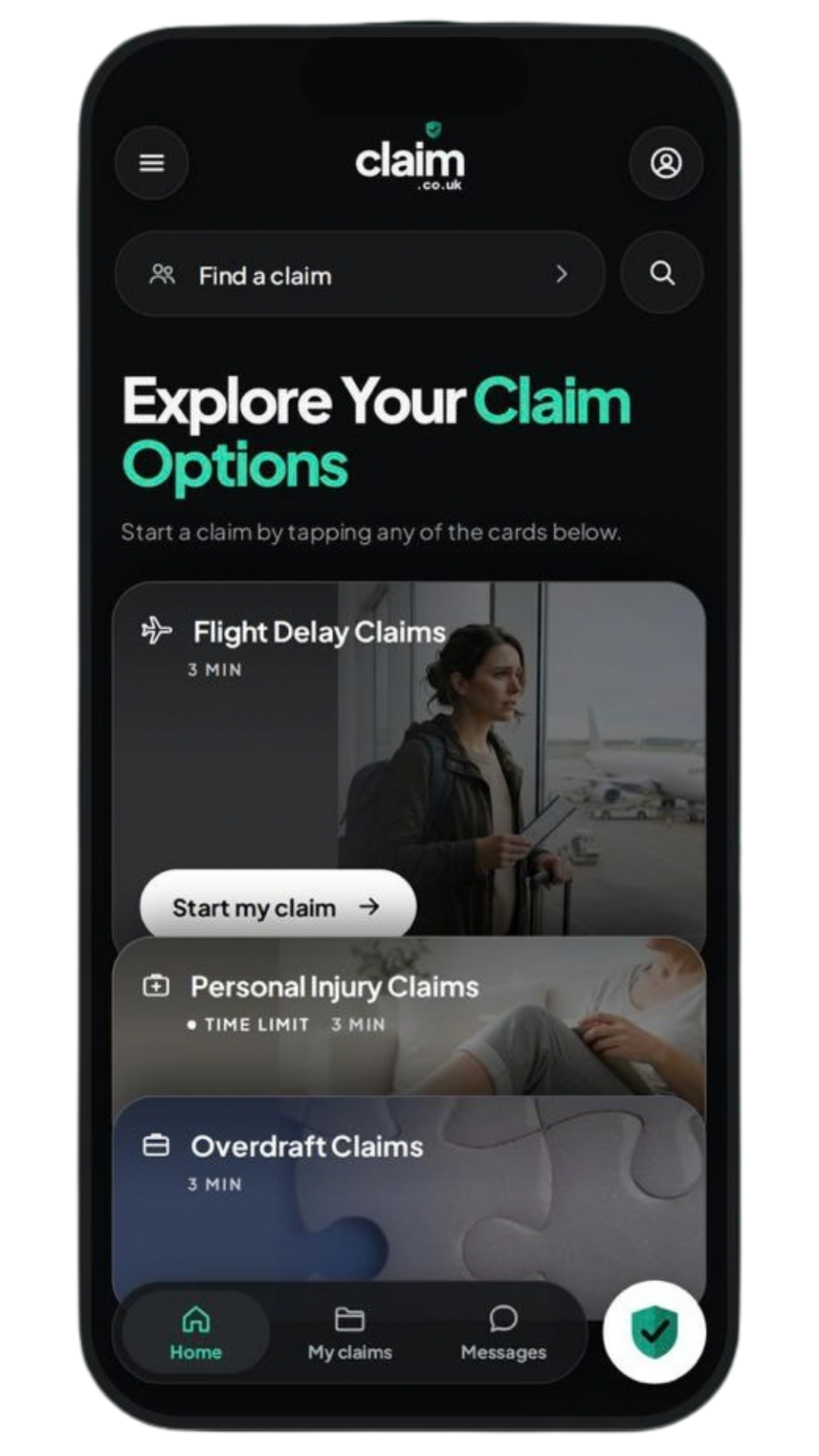 Explore your claim options screen in the claim.co.uk app