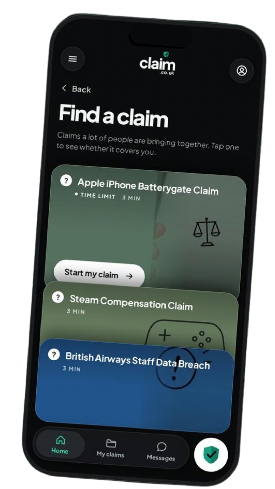 Find a claim screen in the claim.co.uk app