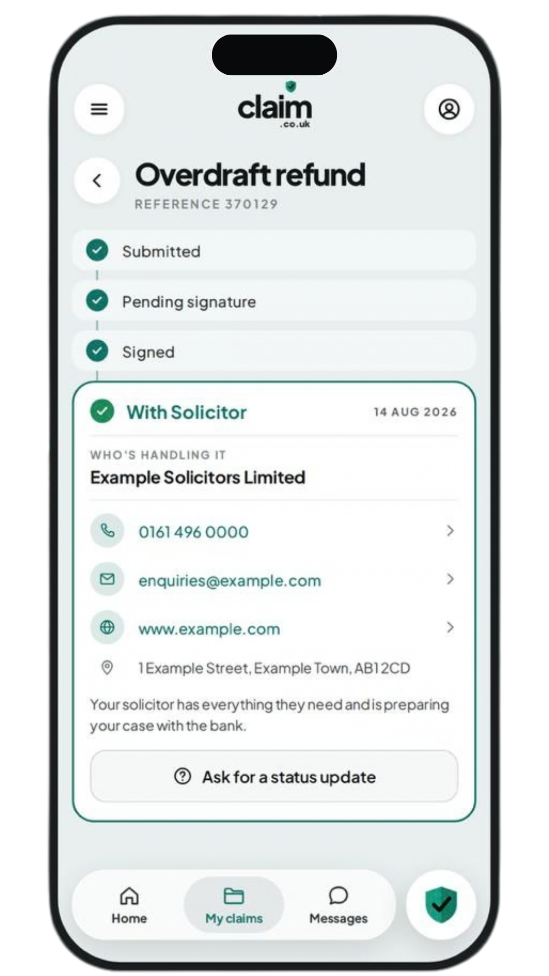 Overdraft refund claim tracking screen in the claim.co.uk app